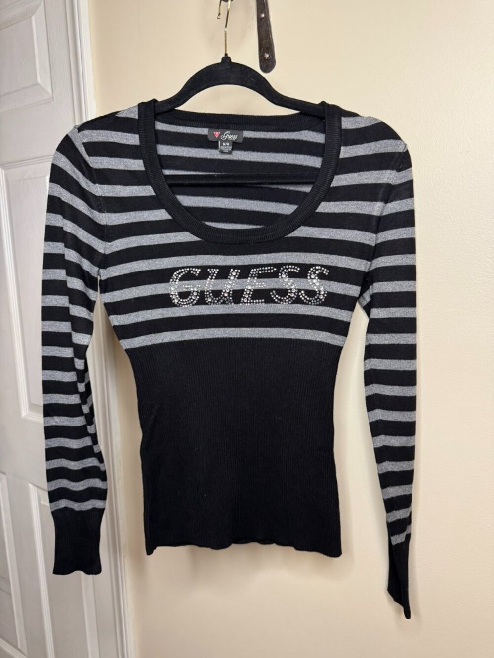 Guess Black & Grey Rhinestone Deep Crewneck Sweater M
